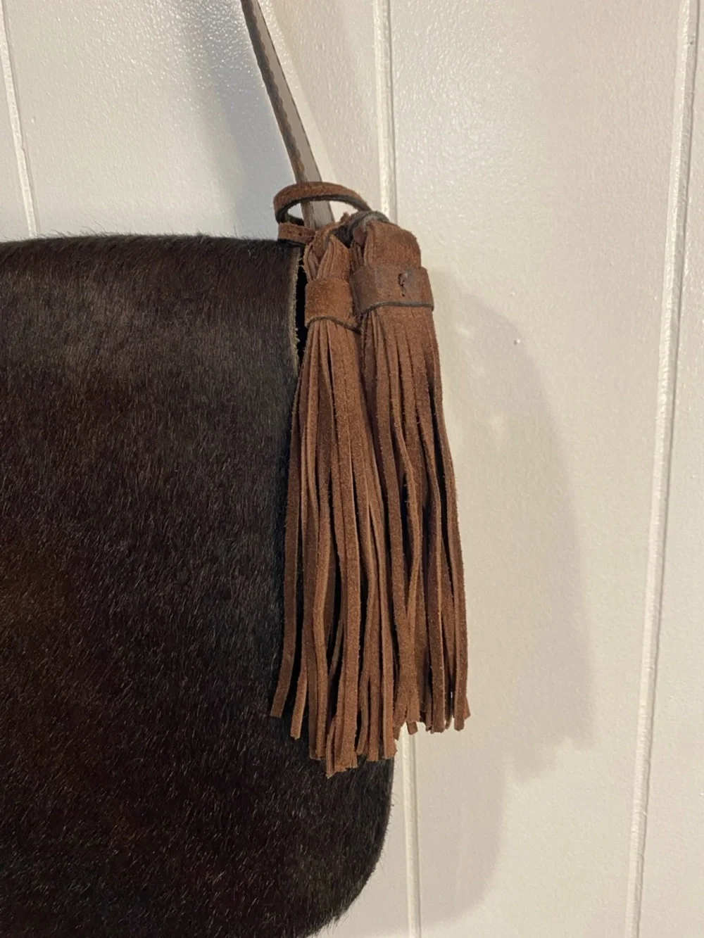 Patricia Nash Purse Italian Leather Fur Saddle Bag Western Boho Fringe Crossbody